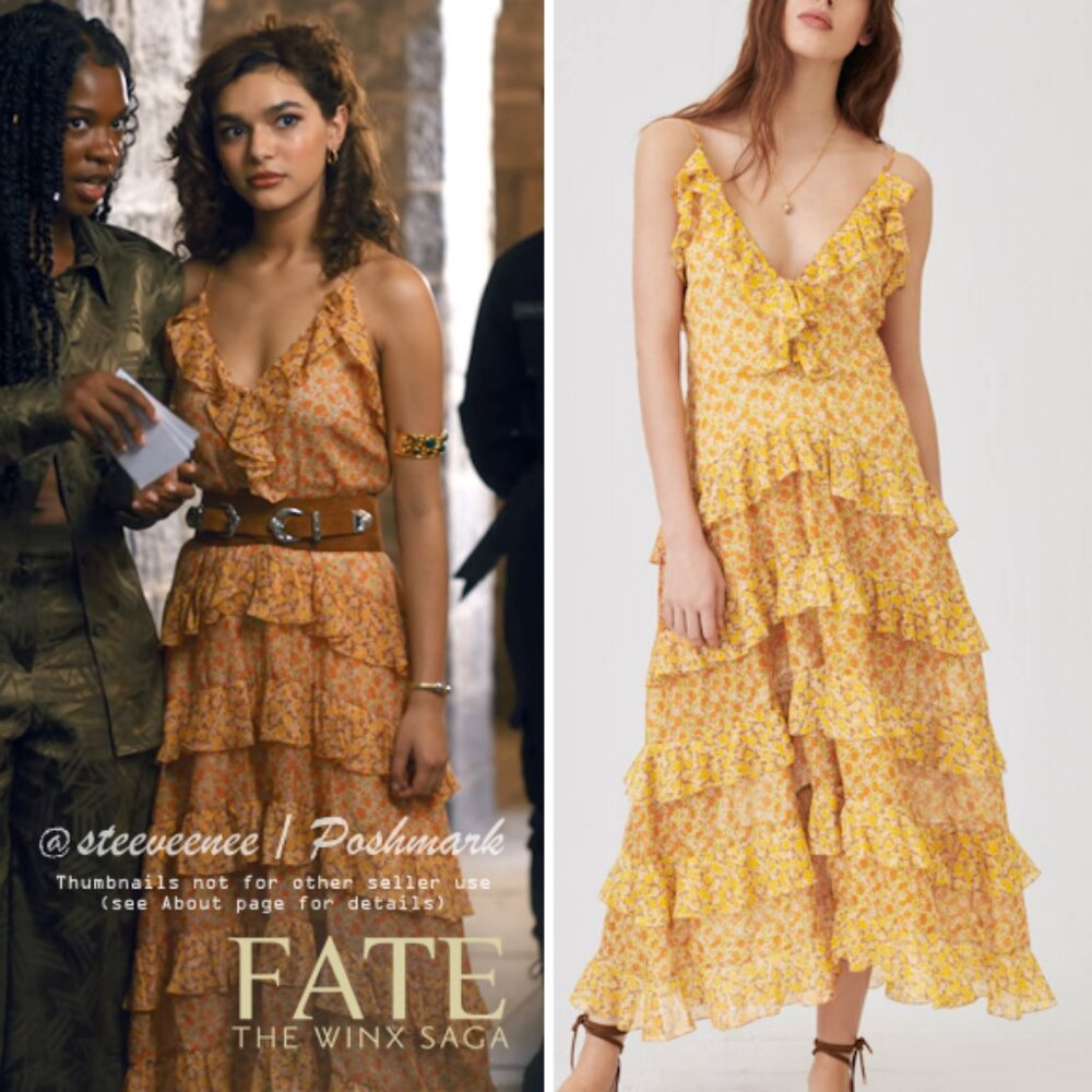 Maje Rissol Cotton Ruffled Maxi Dress ASO Flora The Winx Saga